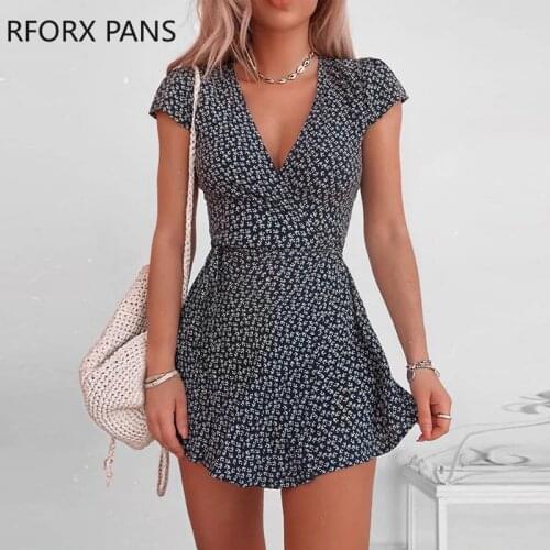 Women V-neck Floral Short Sleeve Mini Dress Elegant Bodycon Sexy Casual Dress