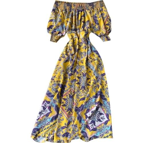 New Spring Summer Women Sexy Slash Neck Puff Sleeve Slim Long Dress High Quality Designer Retro Pattern Print Vacation Dress