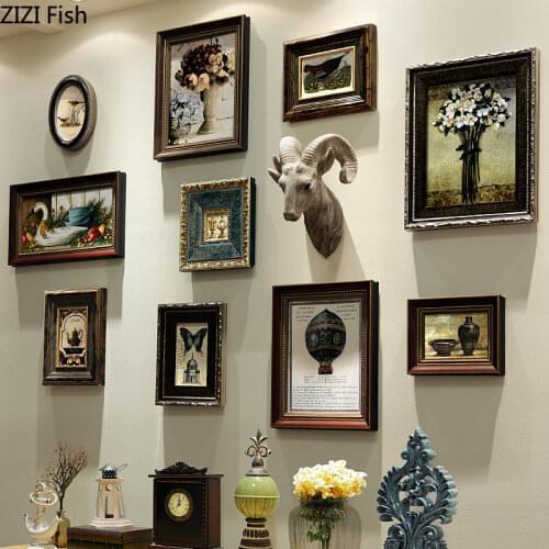 9-21/set American Retro Home Wall Hanging Deer Head Art Oil Painting Photo Solid Wood Photo Frame Wall Ornament Home Decoration