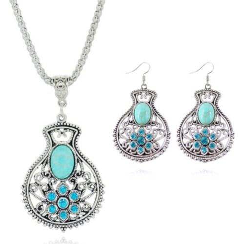 FYSL Silver Plated Geometric Shape Green Turquoises Stone Pendant Necklace Drop Earrings with Rhinestone Jewelry Set