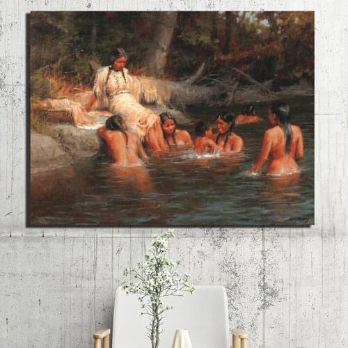 Women Swimming Indian Thomas Oil Paintings on Canvas Modern Art Wall Pictures For Living Room Home Decoration