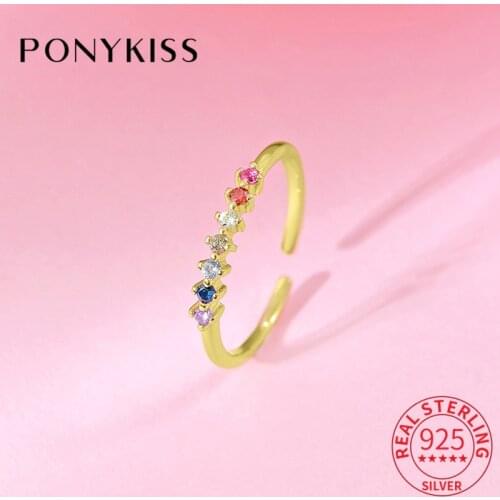 PONYKISS Trendy S925 Sterling Silver Minimlist Colorful Zircon Adjustable Open Rings for Women Party Fine Jewelry Accessory Gift