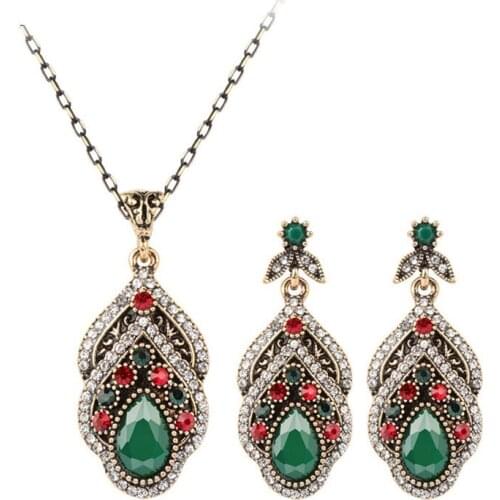 Fashion Algerian Moroccan Vintage Jewelry Set for Women Gold Color Wedding Earring Necklace 2pcs Ancient Gold Party Accessories