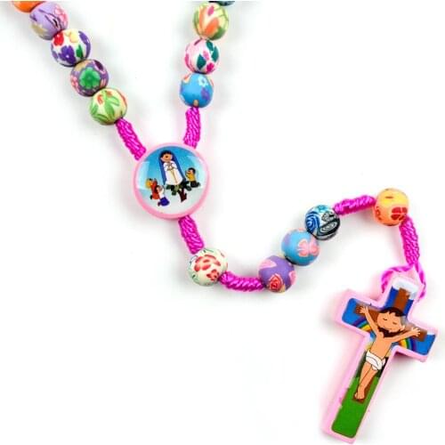 Colorful handmade wooden cross rosary necklace jewelry Children