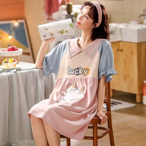 Summer Animal Cat Night Dress Women Nightgown Plus Size 3XL Sleepshirts Short-sleeves Nightie Nightdress Cotton Sleepwear