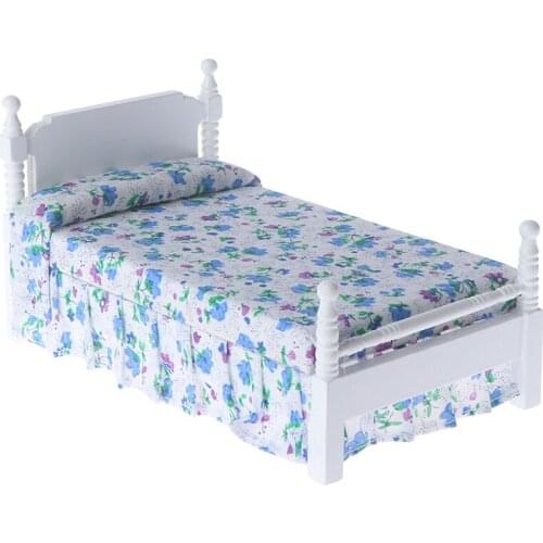 1Pc 1:12 Mini Bed With Pillow for Girls Dolls Dollhouse Bedroom Furniture Blue Color Toy For children Doll Pretend Play Toy