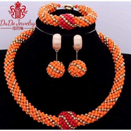 Round Orange Red Party Wedding Dubai Jewelry Set Fashion Ball And Plated Gold African Nigerian Wedding Jewelry Sets Women Beads