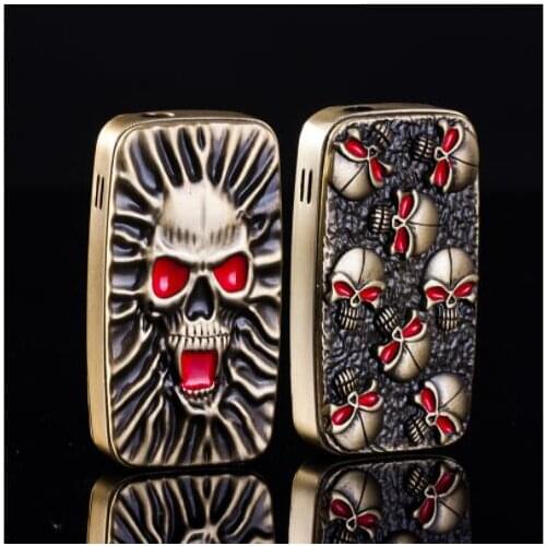 New creative Ghost Head relief pull-down slide straight punch metal gas inflatable lighter ultra thin windproof blue jet flame