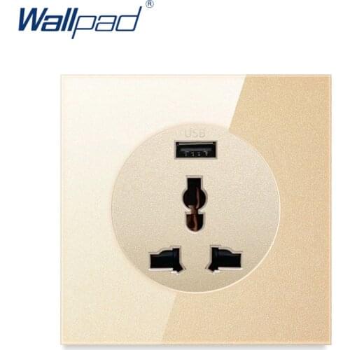 Wallpad 2019 New Arrival USB Universal Wall Power Socket Outlet Gold Crystal Glass Panel Grounded USB Charger 5V 2400MA