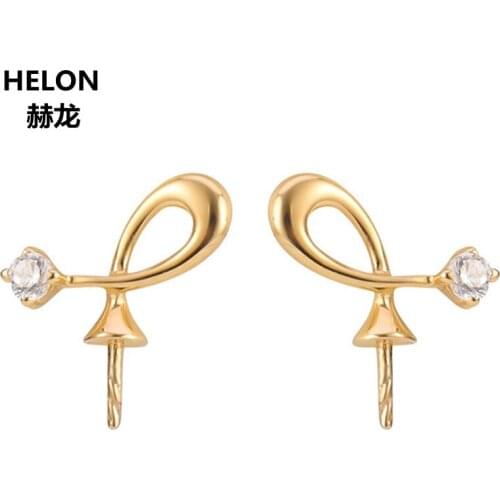 Solid 14k Yellow Gold Natural Diamonds Stud Earrings 8-14mm Pearl Semi Mount Earrings White Rose Gold Optional