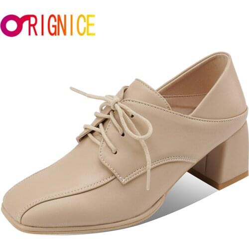 Orignice Manual Thick Heels Pumps Spring Autumn Women Leisure Simple Fashion Square Toe Beige Black Lace Up Dress Prom Shoes