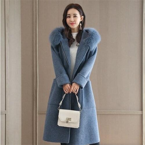 Autumn Winter Women Woolen Coat Outerwear Female Medium-long Hooded Trench Sweet Fur Collar Casual Casaco Feminino Female Jacket