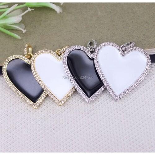 10pcs Gold Dark Silver Metal Copper Enamel Heart Pendant Paved Cubic Zirconia,Micro Pave CZ Heart pendant beads