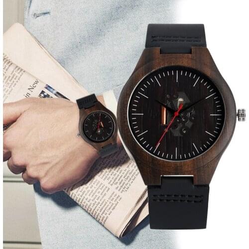 Stylish Black Wooden Watch Hollow Dial Quartz Men Watch Genuine Leather Male Wooden Bangle Watches Timepiece Clock Reloj Hombre