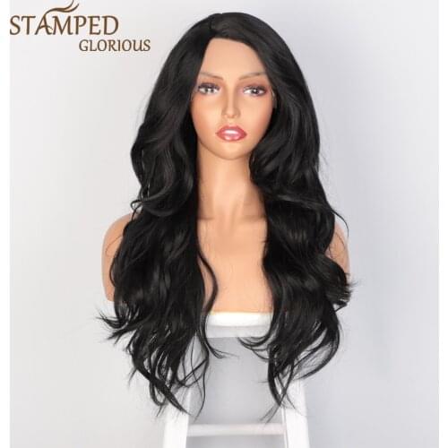 Stamped Glorious 26inches Side Part Natural Wave Wig Lace Front Wig Black Hair Heat Resistant Synthetic Wigs for Black Women