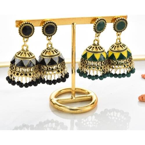 Vintage Ethnic Geometric Indian Earrings For Women Boho Jewelry Retro Corful Bell Tassel Hollow Jhumka Earrings Ladies Fashion