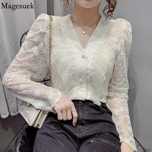 Long Sleeve Womens Shirt Autumn Lace Ruffle Stitching V Neck Blouse Women Sweet Flower Crochet Elegant White Tops Blusas 15998