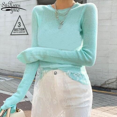 New Spring Thin Knitted T Shirt Women Korean O Neck Clothes High Elastic T-Shirt Tops Casual Tee Shirt Femme Camisas Mujer 12988