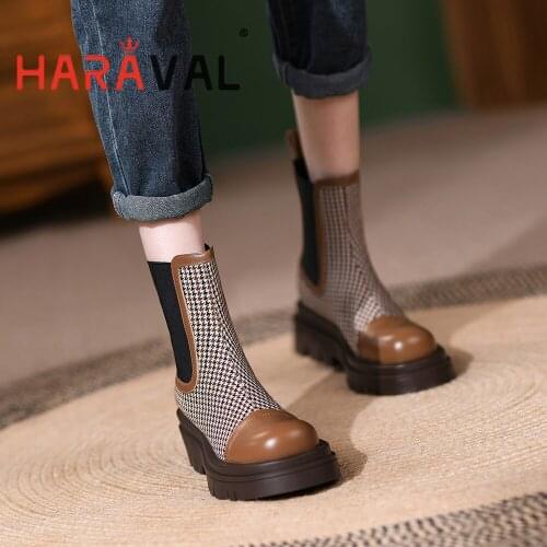 HARAVAL Women Ankle Modern Boots Thick Bottom Round Toe Black Brown Footwear Elegant Boots Women Shoes Spring/Autumn Lady E521L