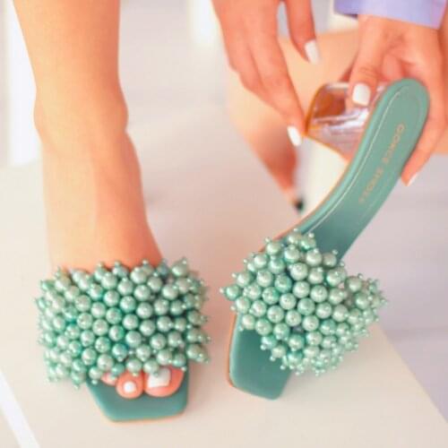 Women Slippers 2021 Sandals 7 cm Heels Glass Transparent Heel Green Pearl Heeled Shoes Summer Fashion Stiletto