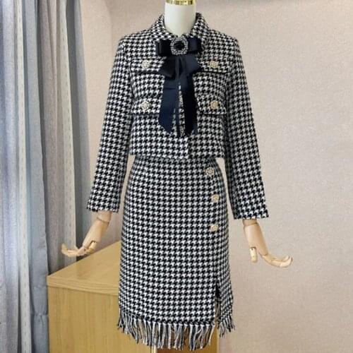 French style Houndstooth autumn diamond bow short jacket+tassel a-line skirt women two piece sets