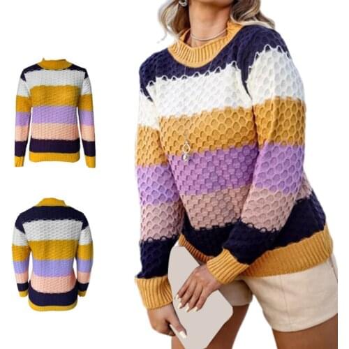Women Color Block Sweater, Adults Casual Long Sleeve Round Neck Patchwork Knit Pullover Spring Autumn