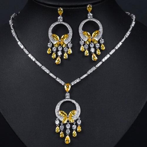 Zlxgirl bridal jewelry yellow peach Zirconia Copper wedding butterfly necklace earring jewelry sets fashion womens couple gifts