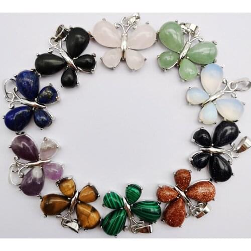 Mixed Stone Aventurine/Crystal/Carnelian/Sandstone/Opal/Green Malachite/Lapis GEM Pendant Butterfly Animal Jewelry 10pcs