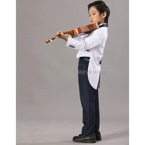 Kids Violin Piano Performance Costume Boys Formal White Tuxedo Dress Flower Boys Birthday Wedding Suit Jacket Vest Pants 3Pcs
