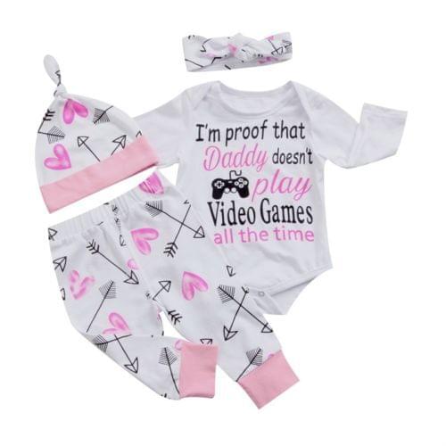 4pcs!!Infant Newborn Baby Girl Clothes Set Long Sleeve Letter Romper Tops +Arrow Pants Hat Headband Clothes Outfits Set