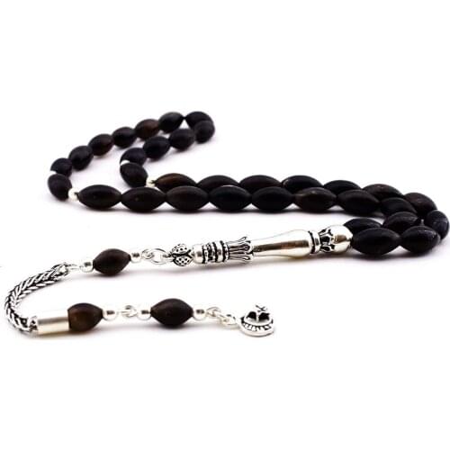 925 Sterling Silver Tassel Handmade Rosary with Buffalo Horn and Barley Cutting Natural Stone Beads Prayer Islamic Muslim Tasbi
