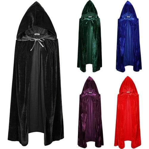 Adult Halloween Velvet Cloak Cape Hooded Medieval Costume Witch Wicca Vampire Halloween Costume Dress Coats Black Blue Red White