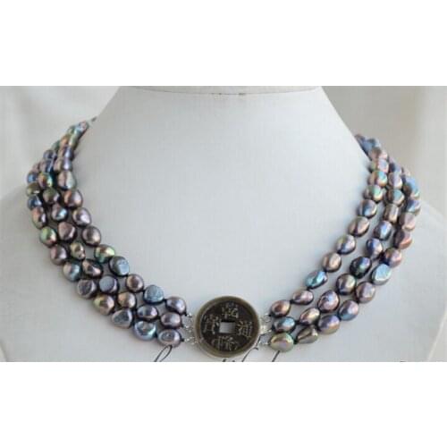 FREE shipping 654+654+Z6516 3strands 10mm peacock black baroque freshwater cultured pearl necklace 6.07