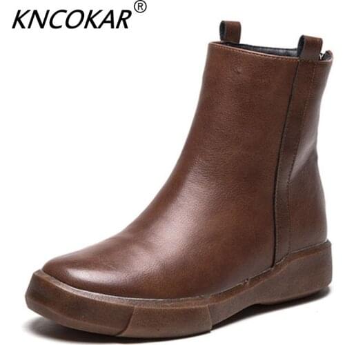 KNCOKAR Winter New Style Flat Martin Boot Velvet Retro Casual Ankle Boots Round Head Waterproof Platform Boots For Women