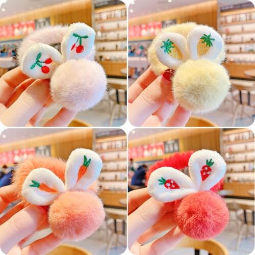 Children Cute Faux Fur Fruit Rabbit Elastic Hair Bands Girls Lovely Soft Scrunchies Rubber Bands Kids Sweet Hair Accessories