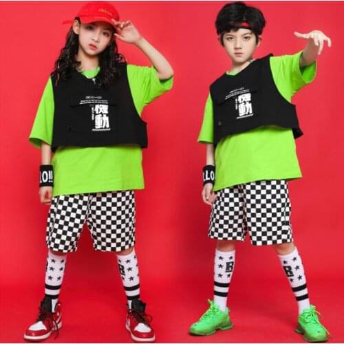 Kids Cool Carnival Jazz Dancing Costumes Tshirt Checkerboard Short Pants Girls Boys Hip Hop Dance wear Outfits Stage Clothes