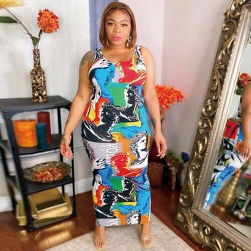 Aesthetic Art Print Summer Long Party Dress Woman Fashion Round Neck Sleeveless Robe Femme Street Style Stretchy Sheath Dress