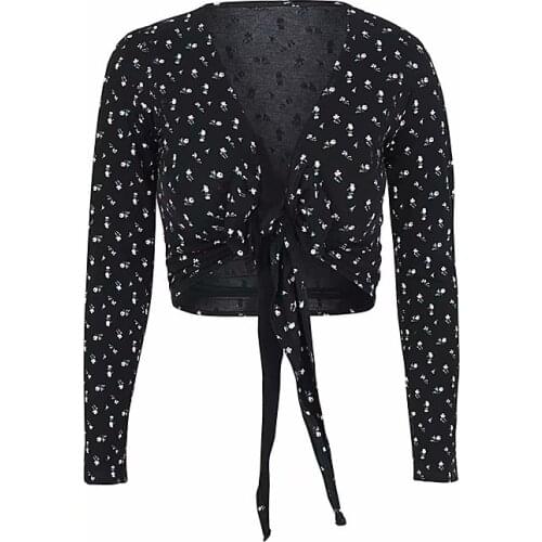 Flower Print T Shirts Women 2020 New korean Sweet V Neck Long Sleeve Female Tops Casual Drawstring Ladies Tees