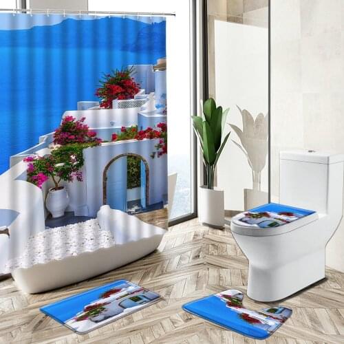 Greece Seaside Natural Scenery Shower Curtain Castle Architecture Flower View Bathroom Non-Slip Rug Toilet Cover Bath Mat Set