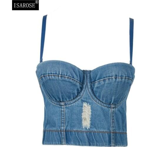 ISAROSE 2021 Summer Denim Tops Women Sleeveless Washed No Bra Wearing Retro Camisole Slim All-matched Padded Camis Cropped Top