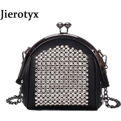 JIEROTYX Women Shoulder Bag Retro Kiss Lock Crossbody Bags For Female Colored diamond Shell Bag Clip Wallet Pu Leather Handbags