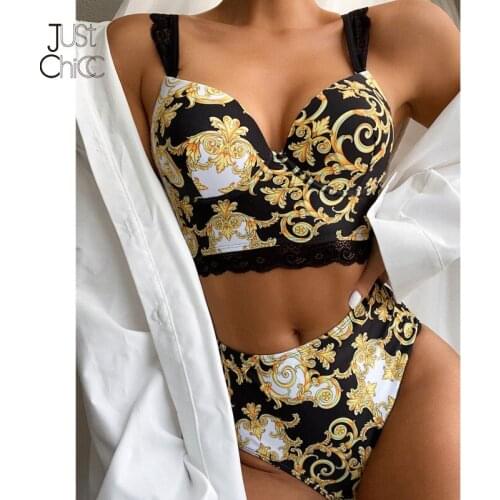 Justchicc Print Floral V Neck 2020 Summer Fashion Swimsuit Lace Crop Top Sexy Beach Wear Swimsuit Adjustable Strap Bikini