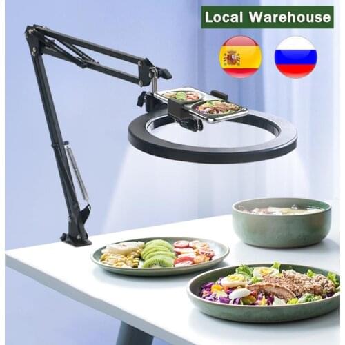 Dimmable 26cm Ring Light 3200-5500K Warm Cold Lamp With Long Arm Desktop Tablet Phone Holder Video Live Photography Selfie Light