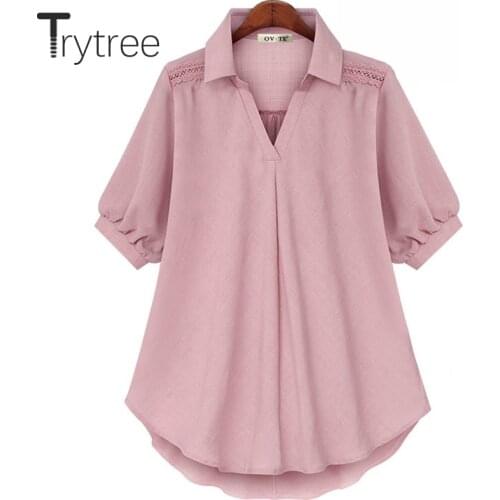 Trytree Summer Women Blouse Casual Solid Turn-down Collar Office Lady Puff Sleeve White Front Short Back Shirt Tops Dropshipping
