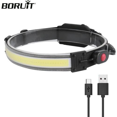 BORUiT COB LED Strip Headlamp 3-Mode 400LM Headlight Rechargeable Waterproof Head Torch Car Repair Work Light for camping