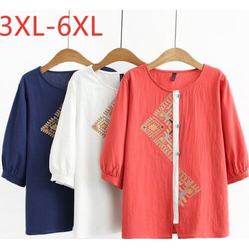 New 2021 Ladies Summer Plus Size Tops For Women Large Short Sleeve Loose Cotton Red Blue Embroidery T-Shirt 3XL 4XL 5XL 6XL
