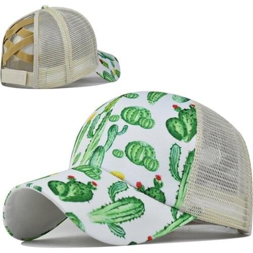 New Fashion Ponytail Baseball Cap Women Printed cactus Mesh hat Casual Summer Snapback Hat Silk Satin Patck Streetwear Visor
