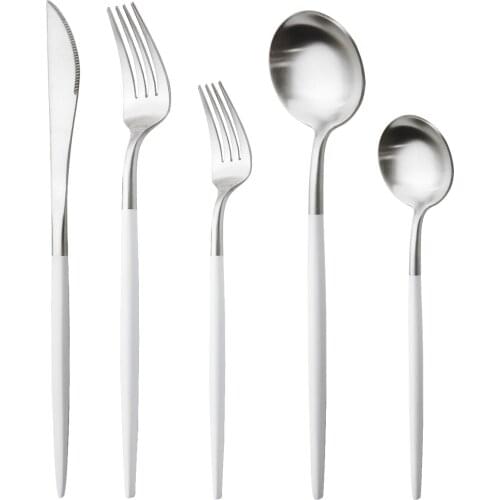 Knife Dessert Fork Spoon Tableware Set Matte 5Pcs White Silver Cutlery Set 304 Stainless Steel Dinnerware Set Kitchen Dinner Set