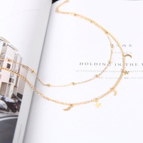 Fashion charm new double necklace Moon Star pendant short necklace chain beads clavicle chain necklace jewelry