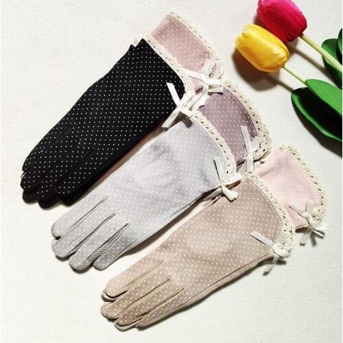 Fashion Women Summer Thin Cotton Dot Full Finger Lace Bowknot Cycling Non-slip Breathable Sunscreen Touch Screen Driving Gloves